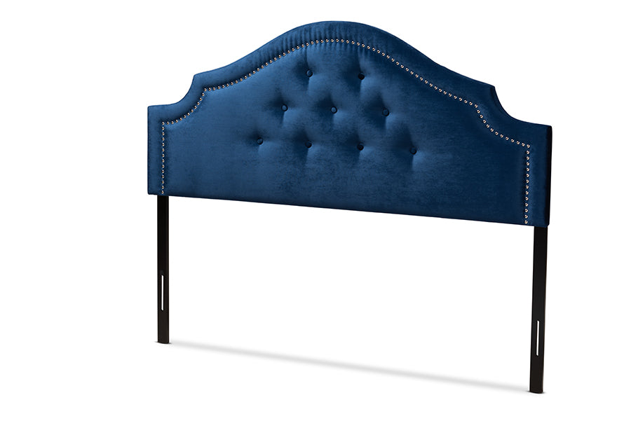 baxton studio cora modern and contemporary royal blue velvet fabric upholstered queen size headboard | Modish Furniture Store-2