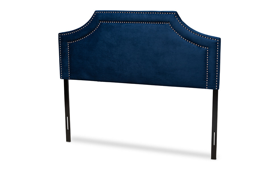 baxton studio avignon modern and contemporary navy blue velvet fabric upholstered king size headboard | Modish Furniture Store-2