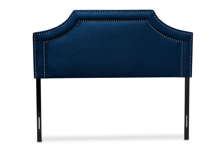 baxton studio avignon modern and contemporary navy blue velvet fabric upholstered king size headboard | Modish Furniture Store-3