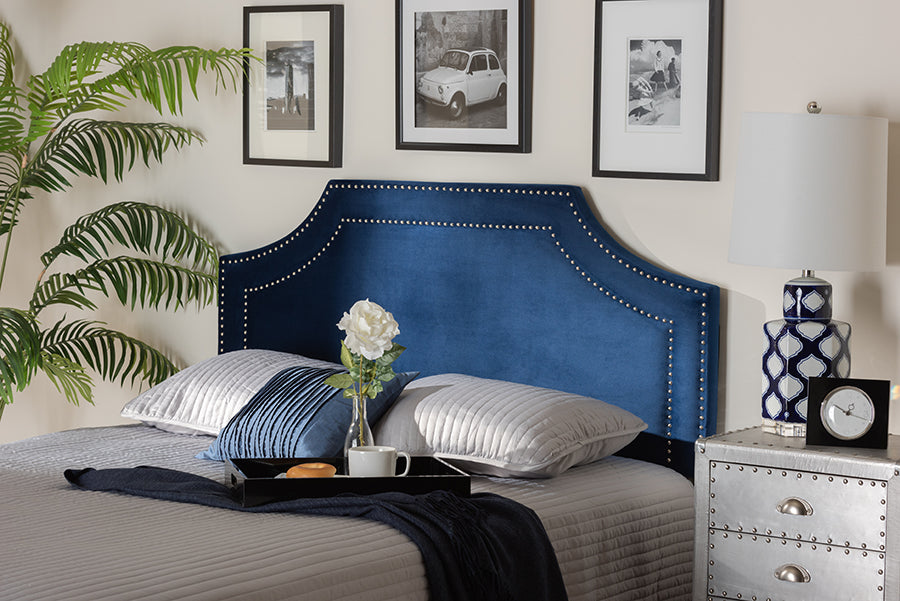 Baxton Studio Avignon Modern and Contemporary Navy Blue Velvet Fabric Upholstered King Size Headboard | Modishstore | Headboards
