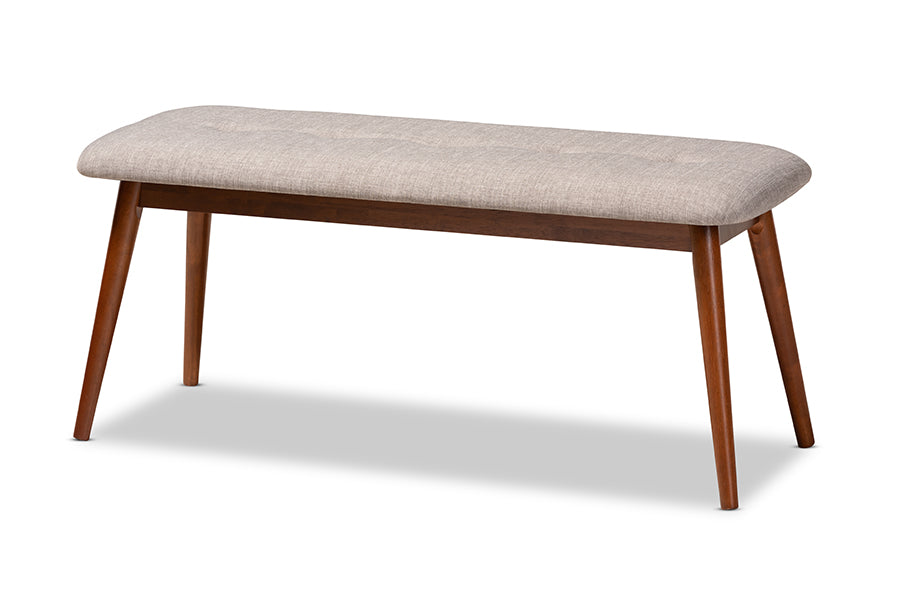 baxton studio flora ii mid century modern light grey fabric upholstered medium oak finished wood dining bench | Modish Furniture Store-2
