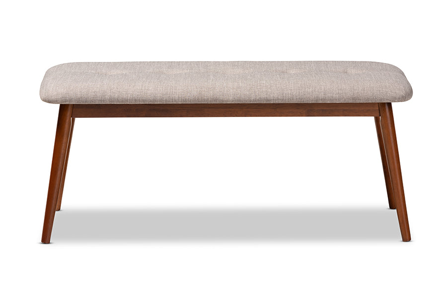 baxton studio flora ii mid century modern light grey fabric upholstered medium oak finished wood dining bench | Modish Furniture Store-3