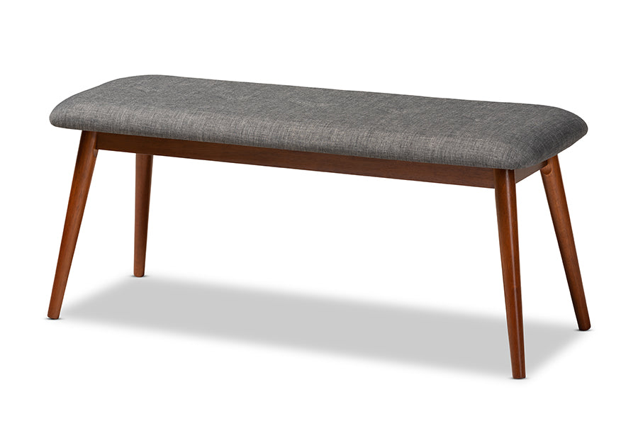 baxton studio flora ii mid century modern dark grey fabric upholstered medium oak finished wood dining bench | Modish Furniture Store-2