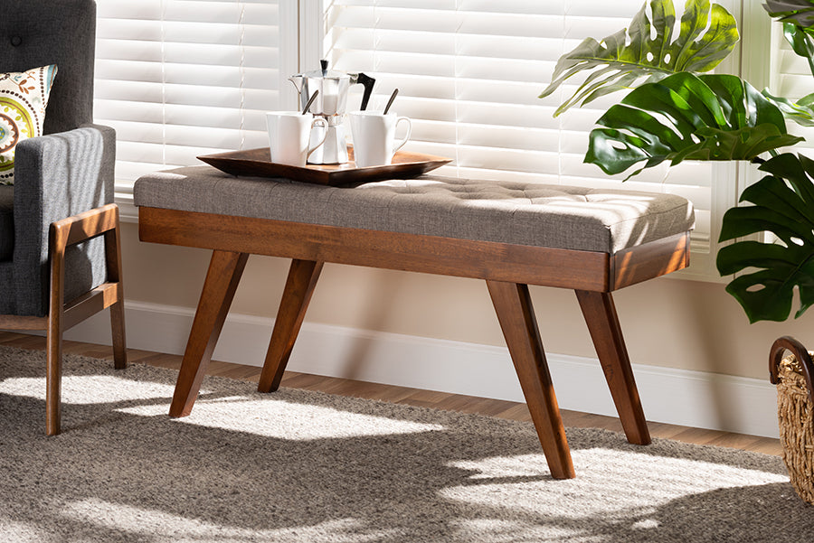 Baxton Studio Alona Mid-Century Modern Light Grey Fabric Upholstered Wood Dining Bench | Modishstore | Stools & Benches