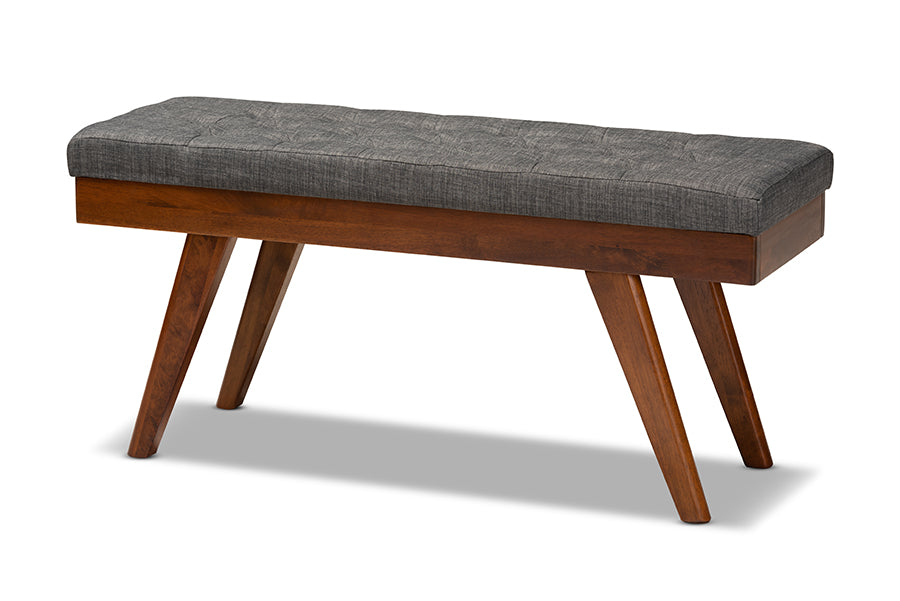 baxton studio alona mid century modern medium grey fabric upholstered wood dining bench | Modish Furniture Store-2