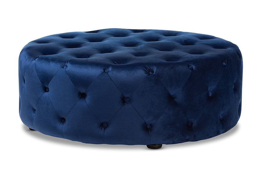 baxton studio cardiff transitional royal blue velvet fabric upholstered button tufted cocktail ottoman | Modish Furniture Store-2