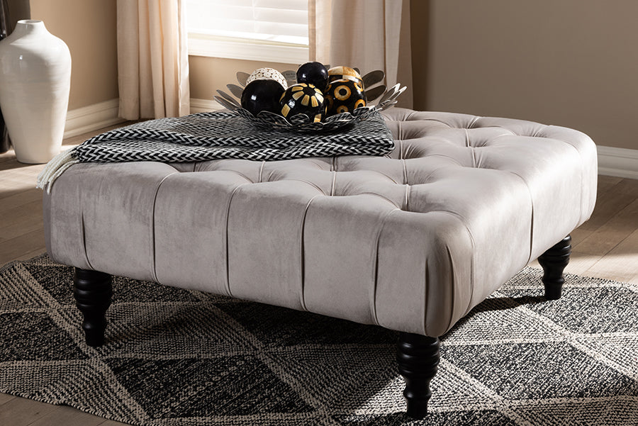 Baxton Studio Keswick Transitional Grey Velvet Fabric Upholstered Button Tufted Cocktail Ottoman | Modishstore | Ottomans
