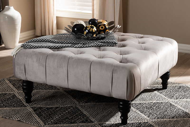 Baxton Studio Keswick Transitional Grey Velvet Fabric Upholstered Button Tufted Cocktail Ottoman | Modishstore | Ottomans
