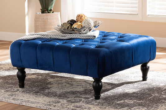 Baxton Studio Keswick Transitional Blue Velvet Fabric Upholstered Button Tufted Cocktail Ottoman | Modishstore | Ottomans