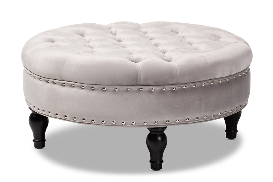 baxton studio palfrey transitional grey velvet fabric upholstered button tufted cocktail ottoman | Modish Furniture Store-2