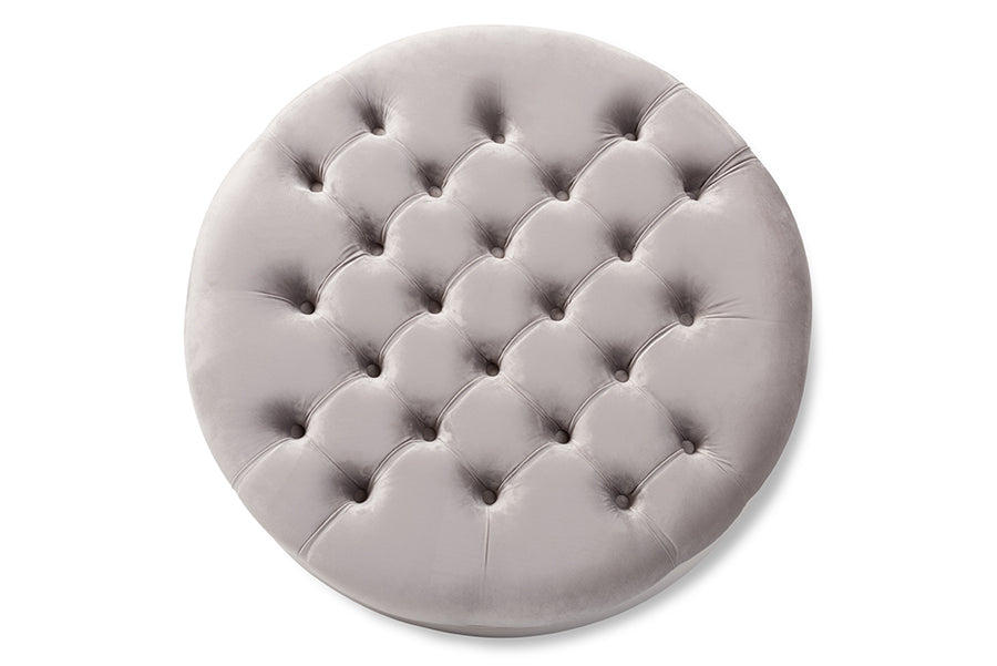 baxton studio palfrey transitional grey velvet fabric upholstered button tufted cocktail ottoman | Modish Furniture Store-3