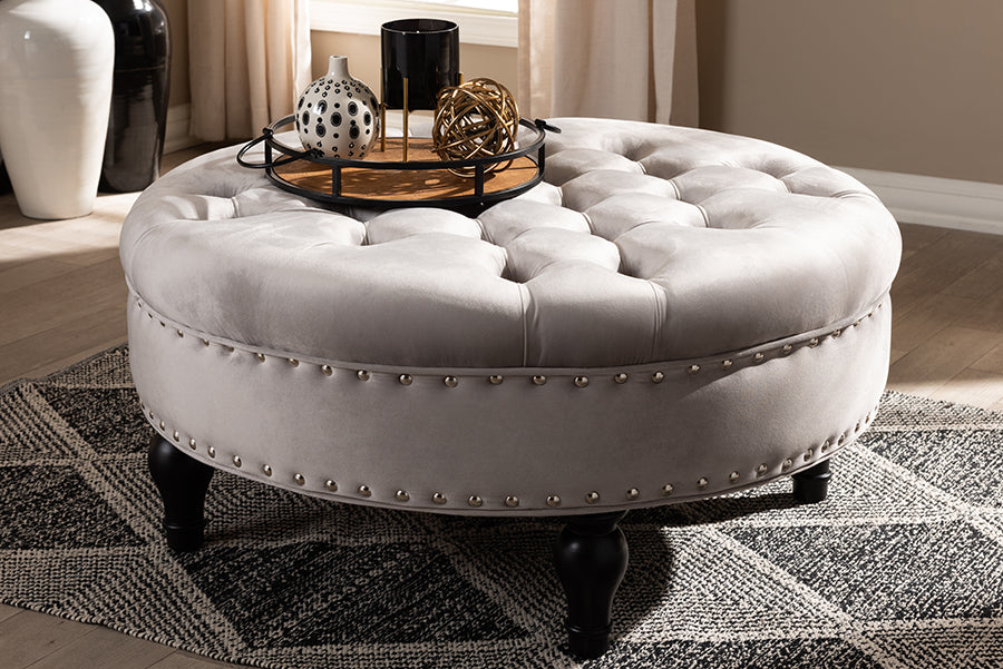 Baxton Studio Palfrey Transitional Grey Velvet Fabric Upholstered Button Tufted Cocktail Ottoman | Modishstore | Ottomans
