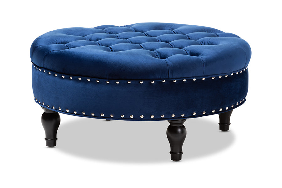 baxton studio palfrey transitional blue velvet fabric upholstered button tufted cocktail ottoman | Modish Furniture Store-2