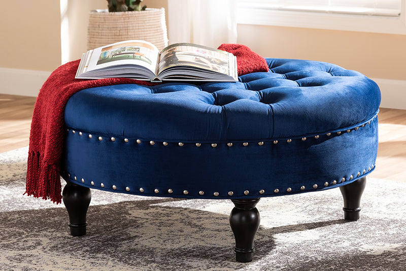 Baxton Studio Palfrey Transitional Blue Velvet Fabric Upholstered Button Tufted Cocktail Ottoman | Modishstore | Ottomans