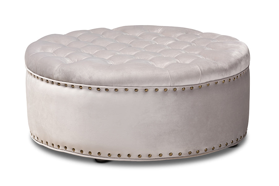baxton studio iglehart modern and contemporary light gray velvet fabric upholstered tufted cocktail ottoman | Modish Furniture Store-2