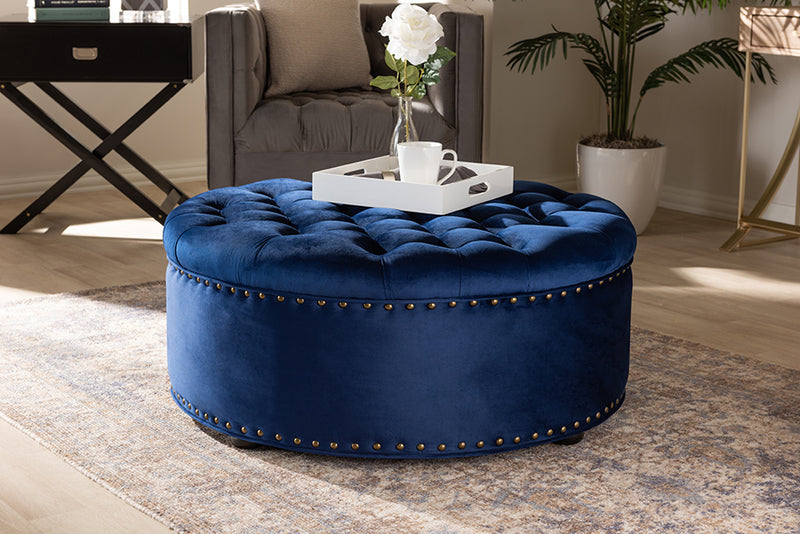 Baxton Studio Iglehart Modern and Contemporary Royal Blue Velvet Fabric Upholstered Tufted Cocktail Ottoman | Modishstore | Ottomans