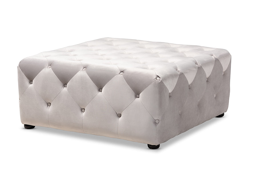 baxton studio calvetti modern and contemporary slate gray velvet fabric upholstered button tufted cocktail ottoman | Modish Furniture Store-2