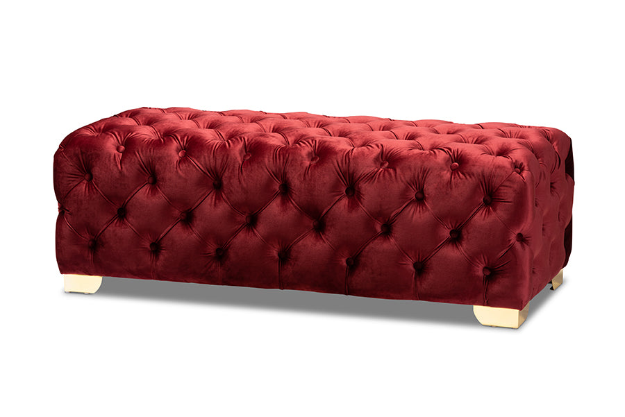 baxton studio avara glam and luxe burgundy velvet fabric upholstered gold finished button tufted bench ottoman | Modish Furniture Store-2
