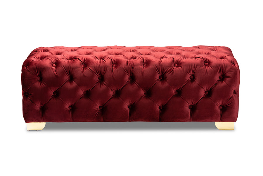 baxton studio avara glam and luxe burgundy velvet fabric upholstered gold finished button tufted bench ottoman | Modish Furniture Store-3