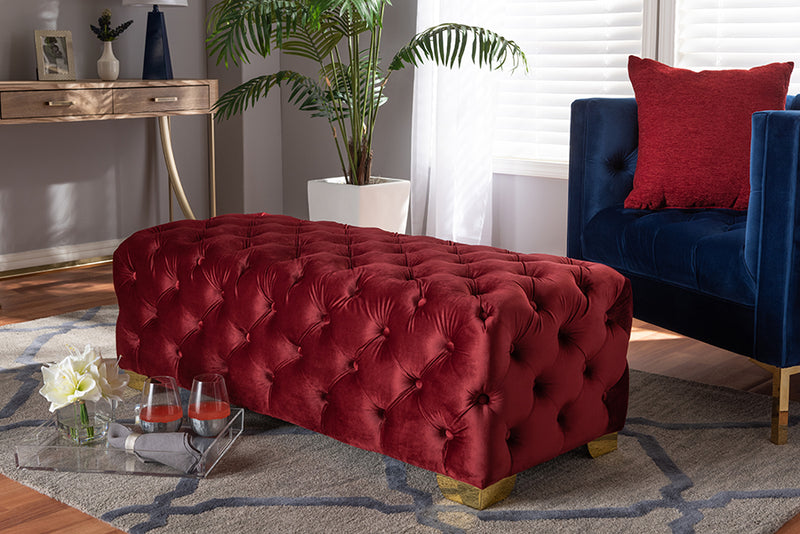 Baxton Studio Avara Glam and Luxe Burgundy Velvet Fabric Upholstered Gold Finished Button Tufted Bench Ottoman | Modishstore | Ottomans