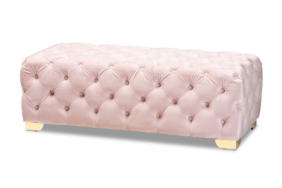 baxton studio avara glam and luxe light pink velvet fabric upholstered gold finished button tufted bench ottoman | Modish Furniture Store-2