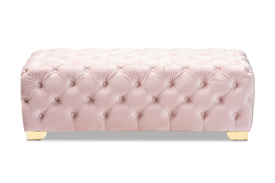 baxton studio avara glam and luxe light pink velvet fabric upholstered gold finished button tufted bench ottoman | Modish Furniture Store-3