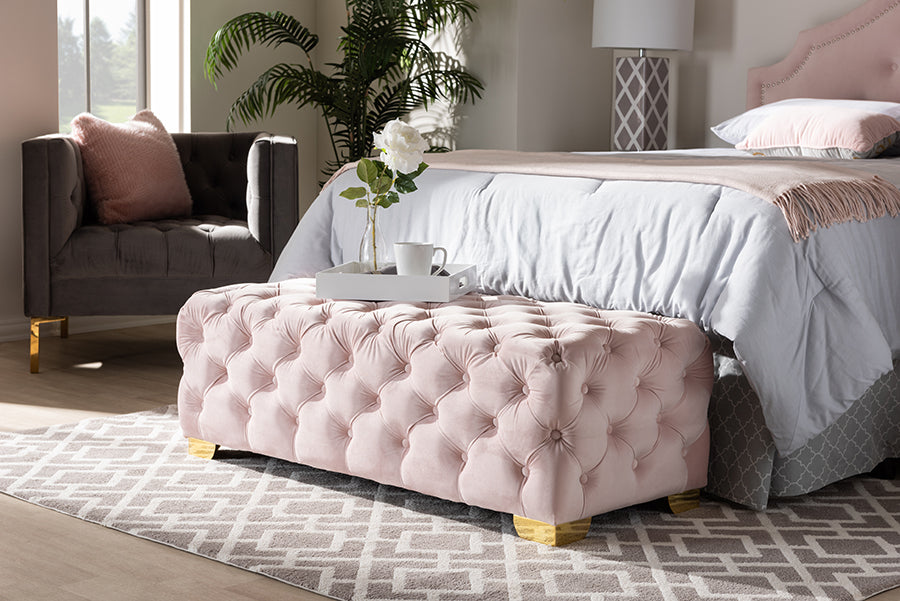 Baxton Studio Avara Glam and Luxe Light Pink Velvet Fabric Upholstered Gold Finished Button Tufted Bench Ottoman | Modishstore | Ottomans