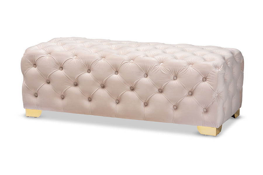 baxton studio avara glam and luxe light beige velvet fabric upholstered gold finished button tufted bench ottoman | Modish Furniture Store-2