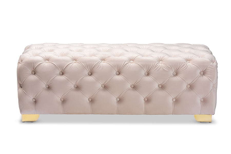 baxton studio avara glam and luxe light beige velvet fabric upholstered gold finished button tufted bench ottoman | Modish Furniture Store-3