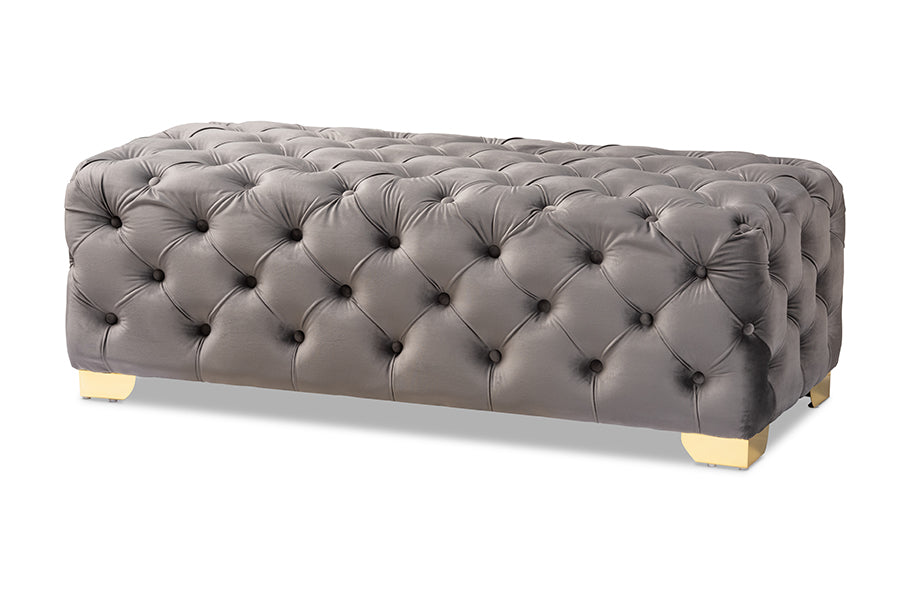 baxton studio avara glam and luxe gray velvet fabric upholstered gold finished button tufted bench ottoman | Modish Furniture Store-2