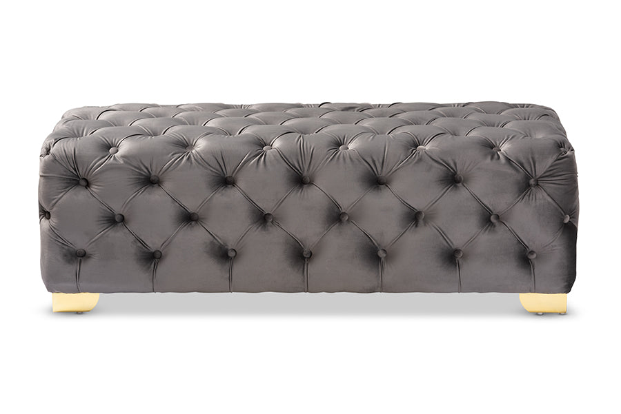 baxton studio avara glam and luxe gray velvet fabric upholstered gold finished button tufted bench ottoman | Modish Furniture Store-3
