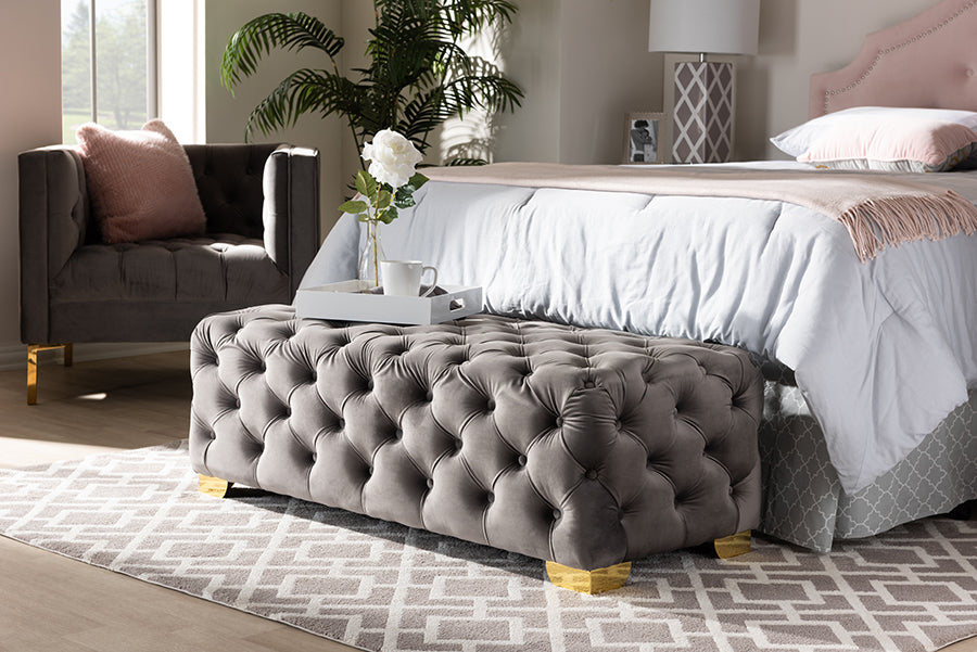 Baxton Studio Avara Glam and Luxe Gray Velvet Fabric Upholstered Gold Finished Button Tufted Bench Ottoman | Modishstore | Ottomans