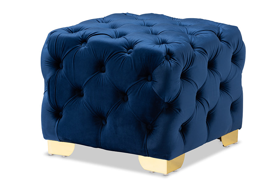 baxton studio avara glam and luxe royal blue velvet fabric upholstered gold finished button tufted ottoman | Modish Furniture Store-2