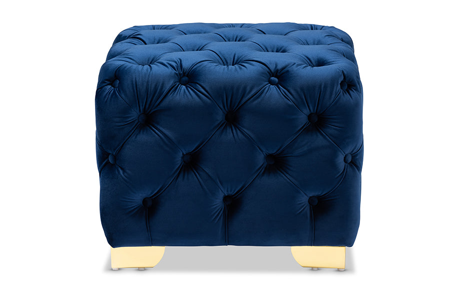 baxton studio avara glam and luxe royal blue velvet fabric upholstered gold finished button tufted ottoman | Modish Furniture Store-3