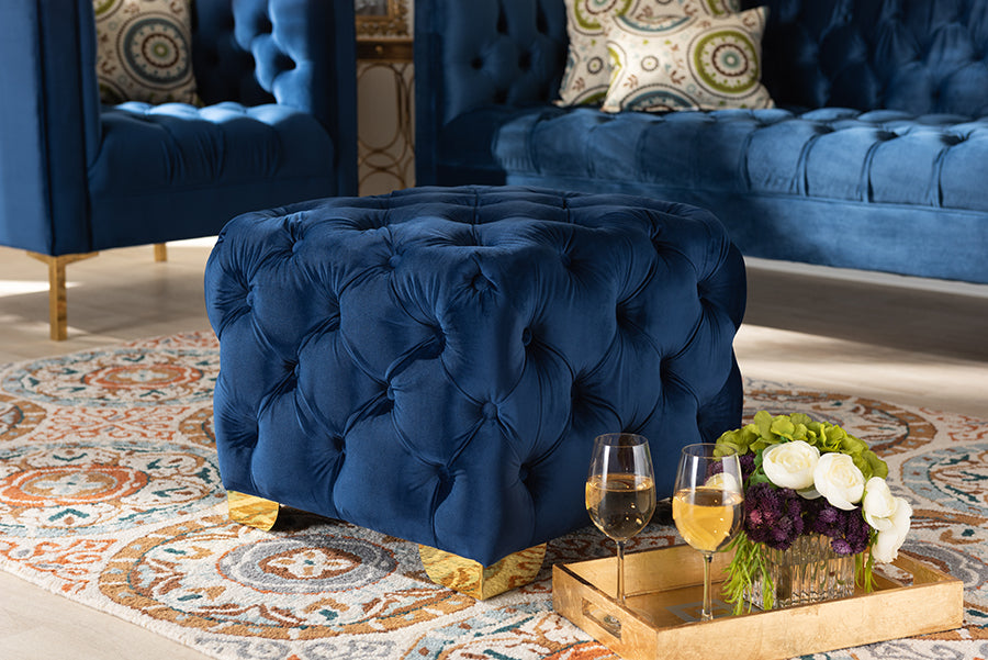 Baxton Studio Avara Glam and Luxe Royal Blue Velvet Fabric Upholstered Gold Finished Button Tufted Ottoman | Modishstore | Ottomans