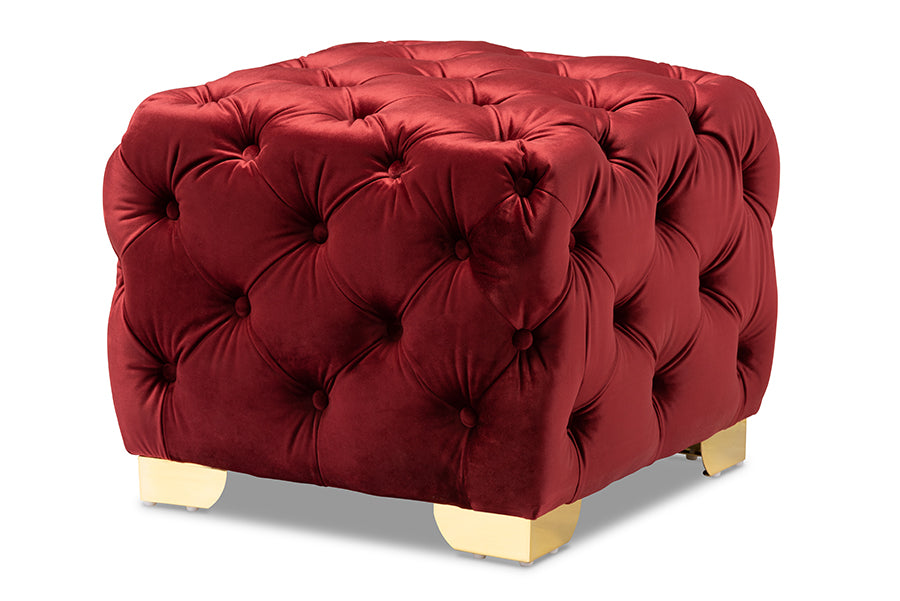 baxton studio avara glam and luxe burgundy velvet fabric upholstered gold finished button tufted ottoman | Modish Furniture Store-2