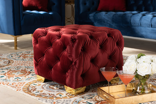 Baxton Studio Avara Glam and Luxe Burgundy Velvet Fabric Upholstered Gold Finished Button Tufted Ottoman | Modishstore | Ottomans