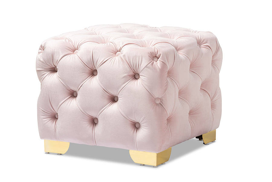 baxton studio avara glam and luxe light pink velvet fabric upholstered gold finished button tufted ottoman | Modish Furniture Store-2