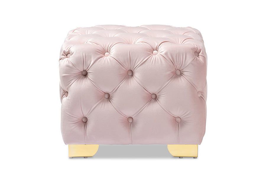 baxton studio avara glam and luxe light pink velvet fabric upholstered gold finished button tufted ottoman | Modish Furniture Store-3