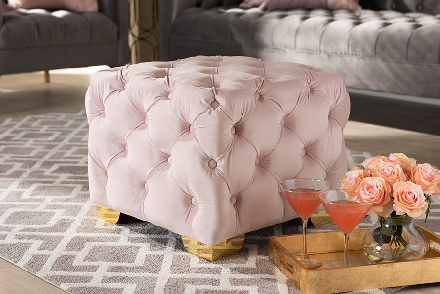 Baxton Studio Avara Glam and Luxe Light Pink Velvet Fabric Upholstered Gold Finished Button Tufted Ottoman | Modishstore | Ottomans