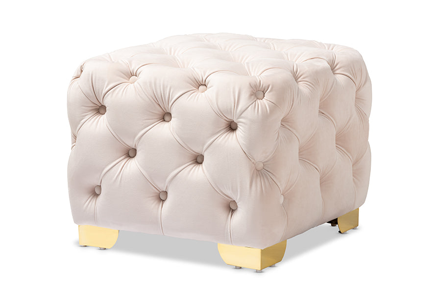 baxton studio avara glam and luxe light beige velvet fabric upholstered gold finished button tufted ottoman | Modish Furniture Store-2