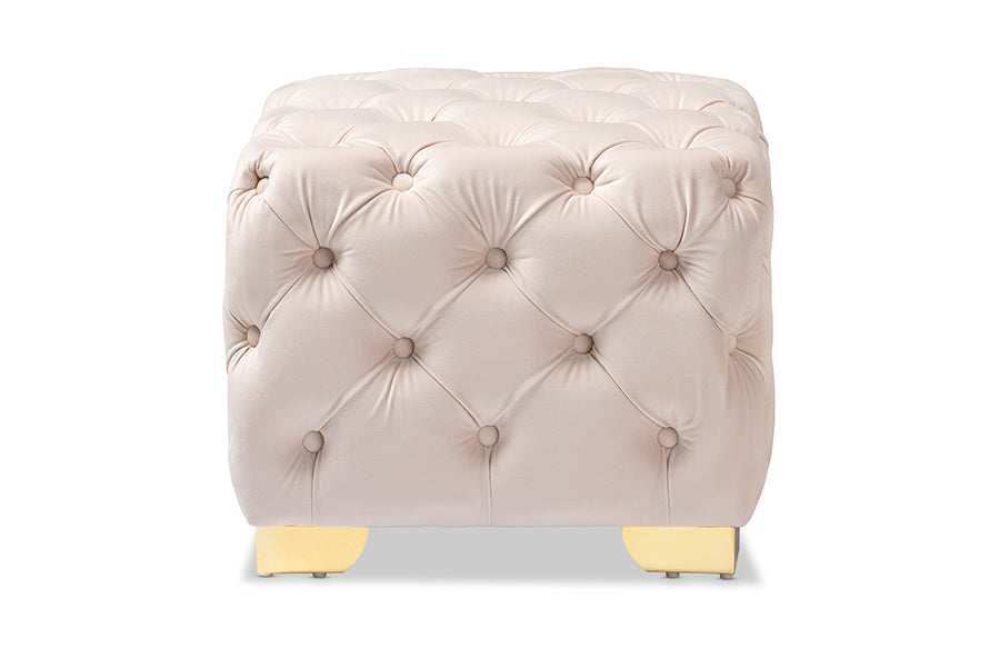 baxton studio avara glam and luxe light beige velvet fabric upholstered gold finished button tufted ottoman | Modish Furniture Store-3