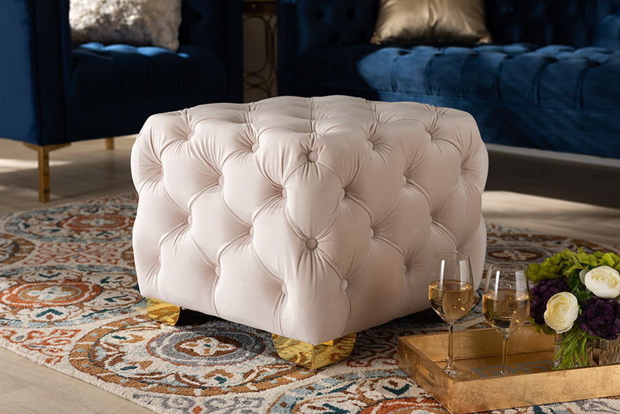 Baxton Studio Avara Glam and Luxe Light Beige Velvet Fabric Upholstered Gold Finished Button Tufted Ottoman | Modishstore | Ottomans