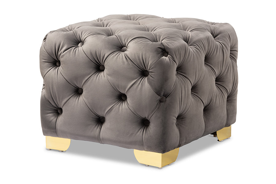 baxton studio avara glam and luxe gray velvet fabric upholstered gold finished button tufted ottoman | Modish Furniture Store-2