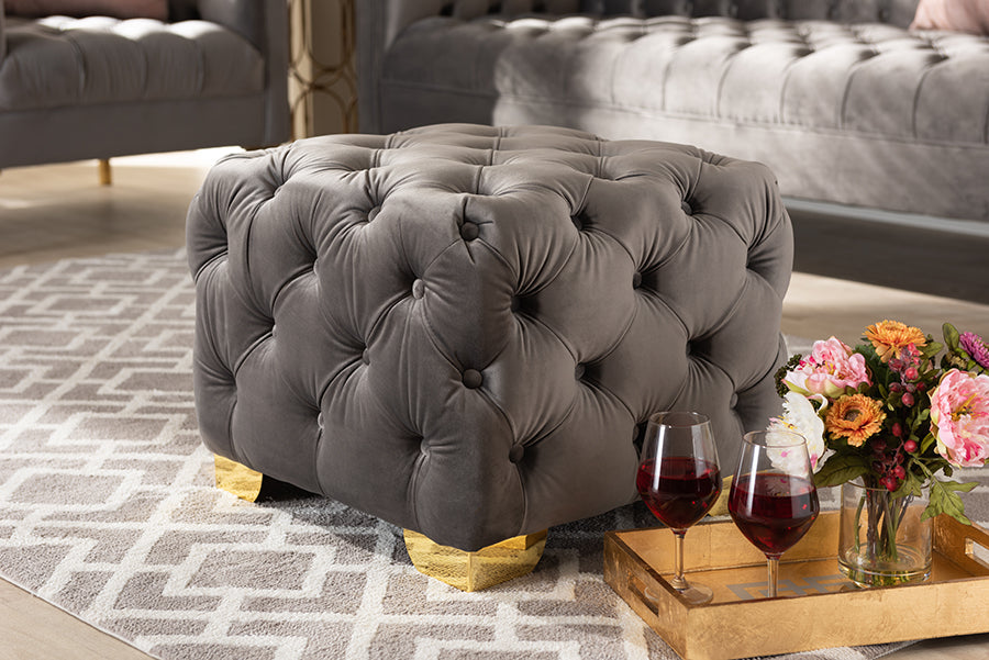 Baxton Studio Avara Glam and Luxe Gray Velvet Fabric Upholstered Gold Finished Button Tufted Ottoman | Modishstore | Ottomans