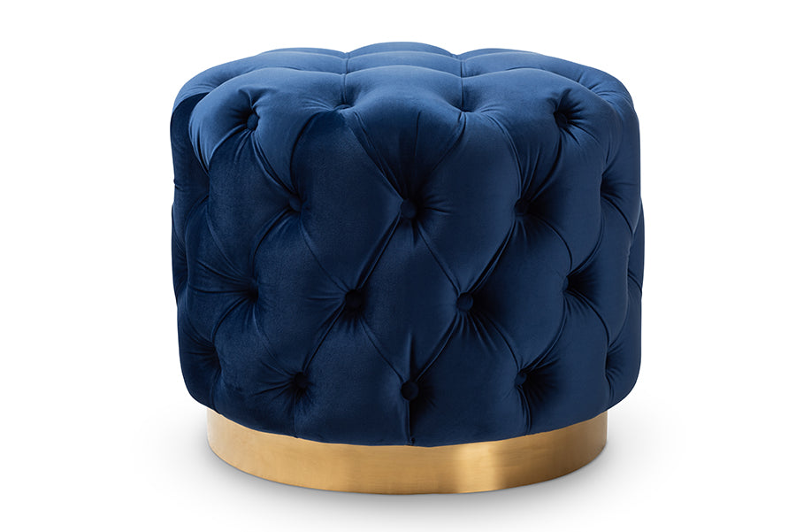 baxton studio valeria glam royal blue velvet fabric upholstered gold finished button tufted ottoman | Modish Furniture Store-2