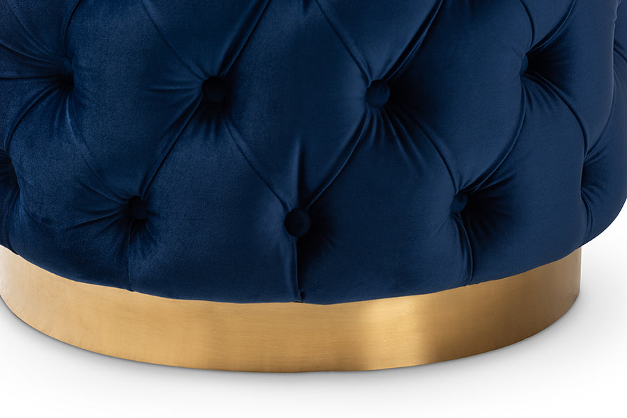 baxton studio valeria glam royal blue velvet fabric upholstered gold finished button tufted ottoman | Modish Furniture Store-3