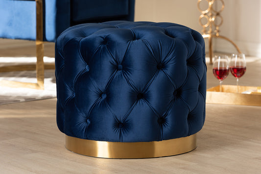 Baxton Studio Valeria Glam Royal Blue Velvet Fabric Upholstered Gold-Finished Button Tufted Ottoman | Modishstore | Ottomans