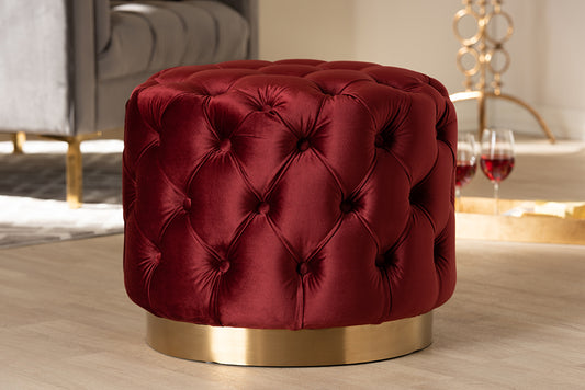Baxton Studio Valeria Glam Burgundy Red Velvet Fabric Upholstered Gold-Finished Button Tufted Ottoman | Modishstore | Ottomans