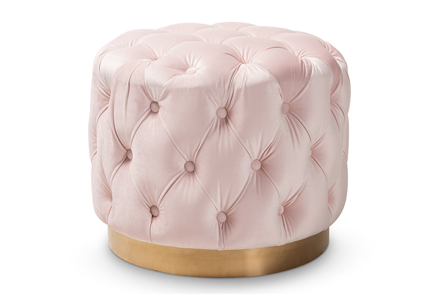 baxton studio valeria glam light pink velvet fabric upholstered gold finished button tufted ottoman | Modish Furniture Store-2